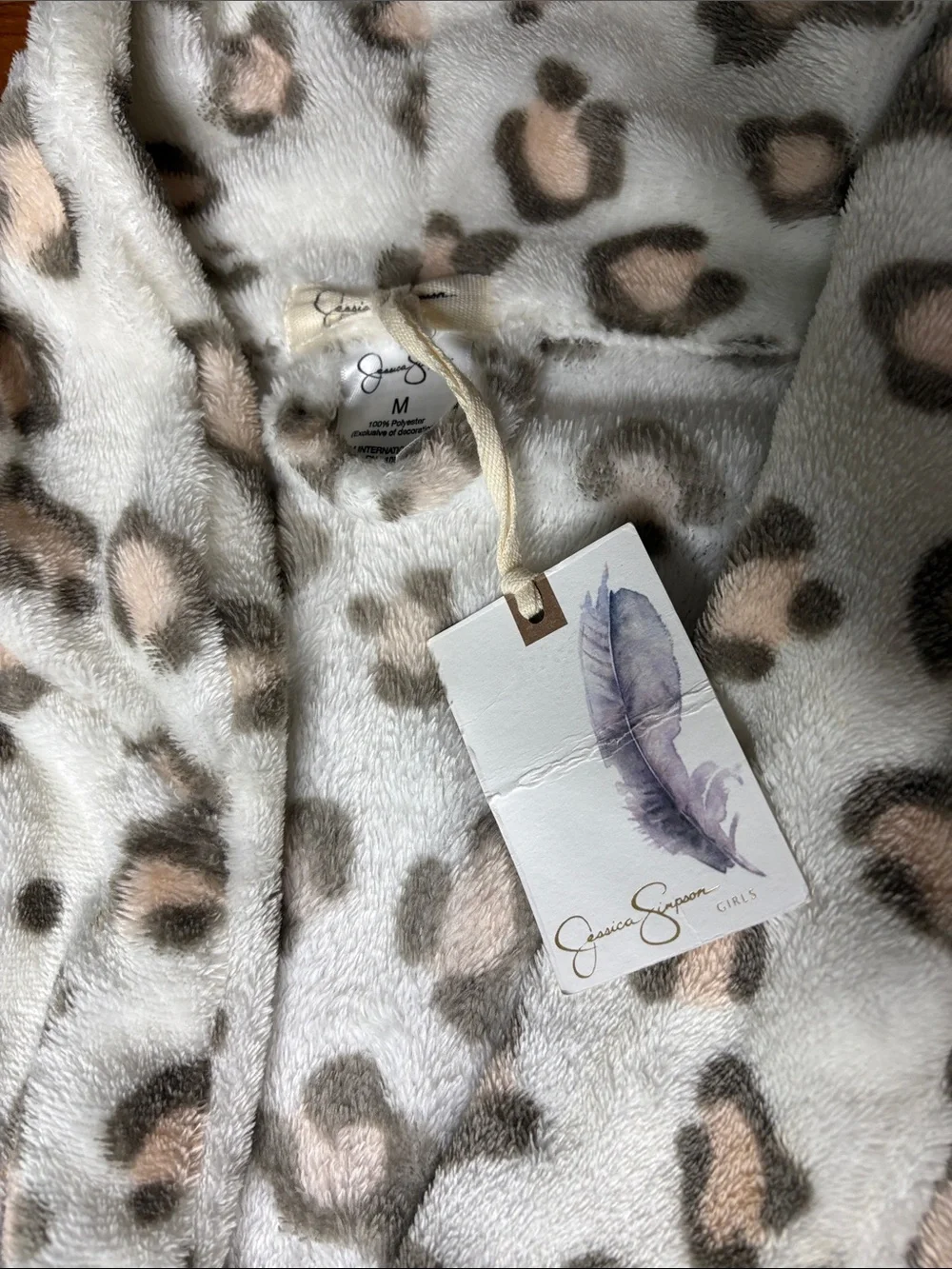 Jessica Simpson Kids Plush Leopard Robe - Cream, Pink & Gray